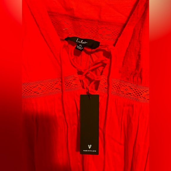 Out and About Bright Red Tiered Lace-Up Midi Dress - size XL - Picture 6 of 8